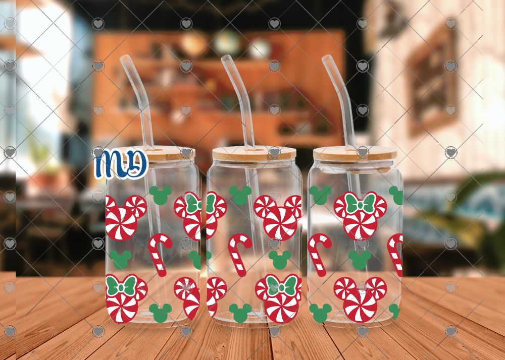 01 Mint candy Cane Decorative Wrap. 16 oz Libbey UVDTF