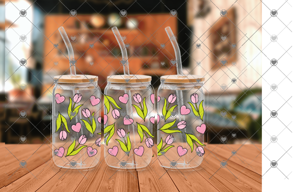 E92 Pink Flowers and Hearts 16 OZ UVDTF WRAP