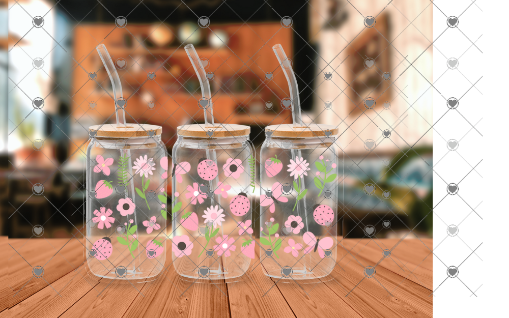 E78 PINK FLOWERS AND LADY BUGS 16 OZ UVDTF WRAP