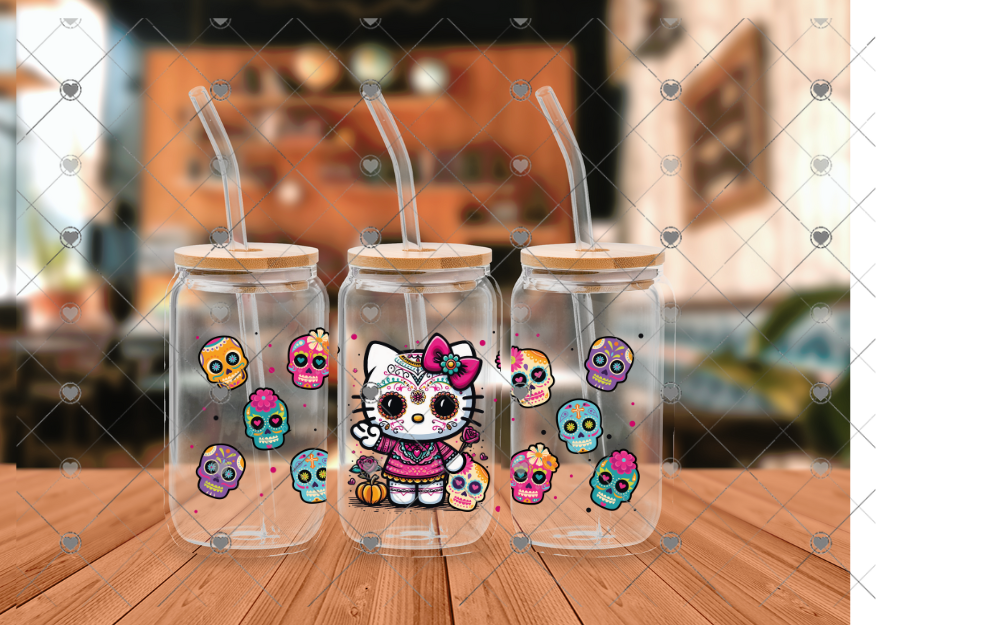 D01 Halloween Kitty Sugar skull 16 OZ UVDTF